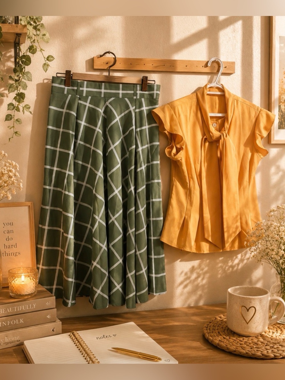 Green Windowpane Midi Skirt - Classic A-Line and Yellow Button Down Top
